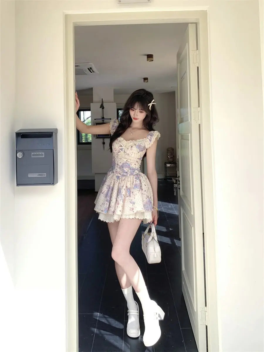 Cyflymder  New French Flutter Sleeve Dress Women Lace Trim Flared Skirt Sweet Cute Mini Length Slimming A Line Silhouette Princess Party