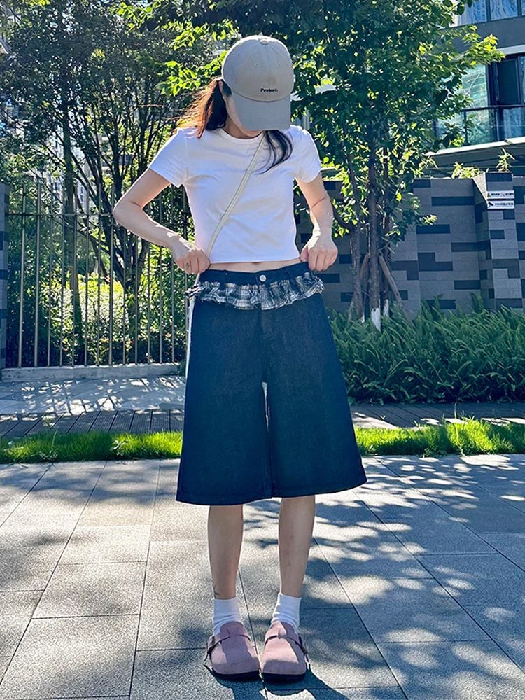Cyflymder  Women's Pattern Stitching High Waisted Straight Shorts Girl Vintage Knee Length Trousers Summer Female Fashion Cropped Pants