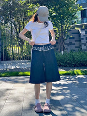 Cyflymder  Women's Pattern Stitching High Waisted Straight Shorts Girl Vintage Knee Length Trousers Summer Female Fashion Cropped Pants