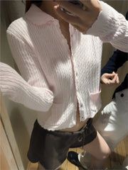 Cyflymder  Pink Twist Babydoll Top Cardigan Women Autumn New Lace Trim Collar Cotton Buttons Knitted Jumper Sweet Cute Preppy Style Sweater