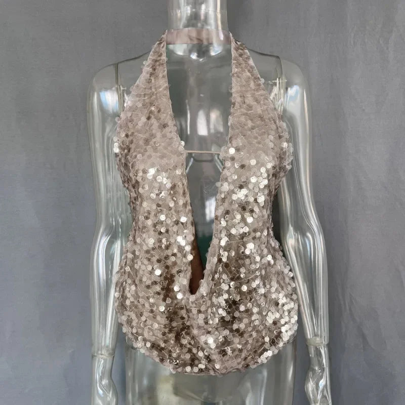 Cyflymder  Sexy Deep V Neck Beach Tank Top Hot Girls Summer Sequins Splicing Sleeveless Top Women Holiday Sexy Backless Camisole