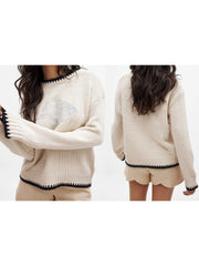 Cyflymder  Women s Cable Knit Sweaters Long Sleeve V-Neck Star Embroidery Pullovers Oversized Fit Tops with Ribbed Trim