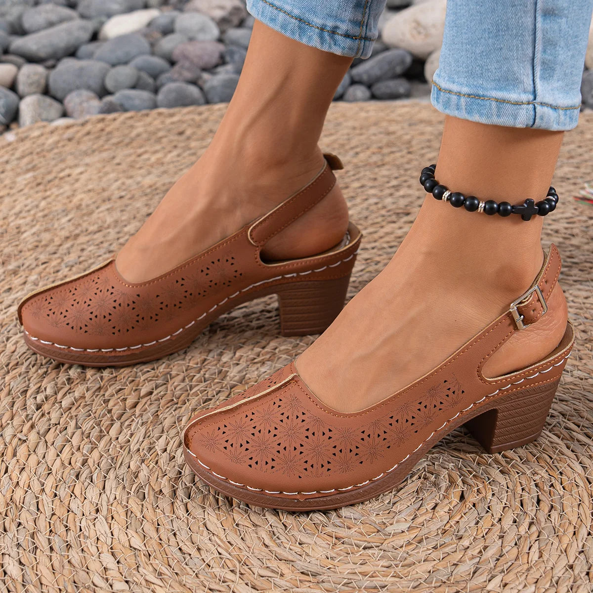 Cyflymder  Summer New Women High Heel Sandals Comfortable Rubber Sole Shoes Large Size 43 Roman Style Round Toe PU Leather Slip-On Sandals