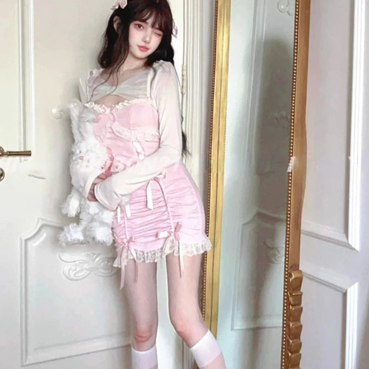 Cyflymder DRESS TO IMPRESS Japanese Sweet Lolita Style Dress Women Bow Pink Kawaii Party Mini Dresses Female Long Sleeve Lace Princess Dresses Autumn