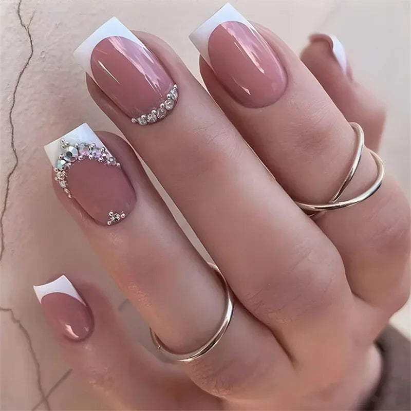 Cyflymder  24pcs Simple French False Nails With Gel White Square Head Fake Nails With Designs Short Press On Nails Natural Artificial Nail
