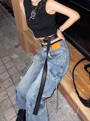 Cyflymder  Women's Vintage Heavy Duty Denim Cargo Pants Y2K Streetwear Hip Hop Wide Leg Baggy Jeans with Rhinestones Multi-Pockets