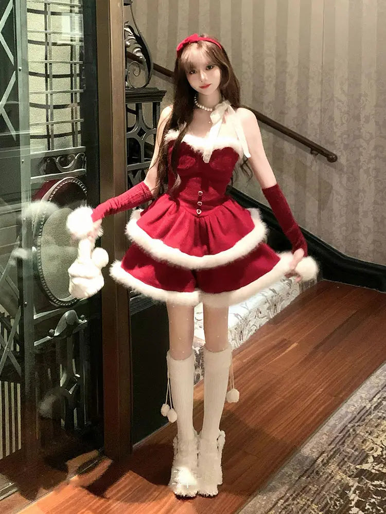 Cyflymder  Christmas Red suit Velvet Cake Puff Women's Dress Set Winter French Lady Princess Two Piece Outfit coat