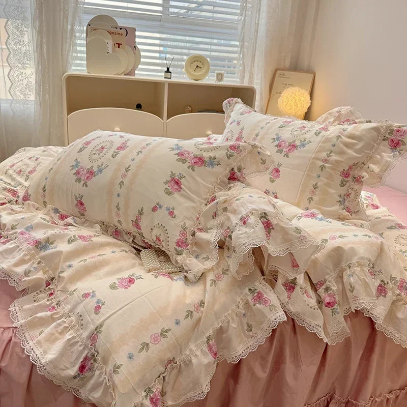 Cyflymder  100% Cotton Vintage Countryside Rose Floral Lace Ruffles Duvet Cover Set Bed Skirt Or Bed Sheet Pillowcases Girls Bedding Set