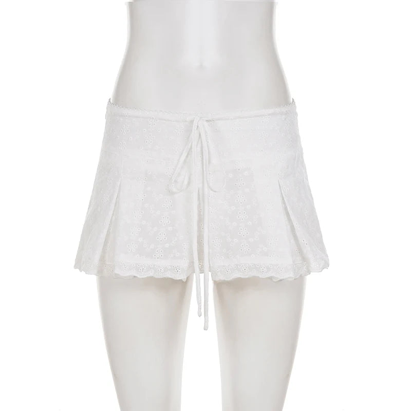 Cyflymder  Sexy White Low Waist Drawstring Jacquard Mini Skirts Summer Woven Skirt Women All-match Sweet Casual Vacation Outfits
