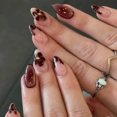 Cyflymder  French Halo Dyeing Flowers Petal Almond Nail Art Fall Winter Fashion False Nails Detachable Finished Fake Nails Press on Nails