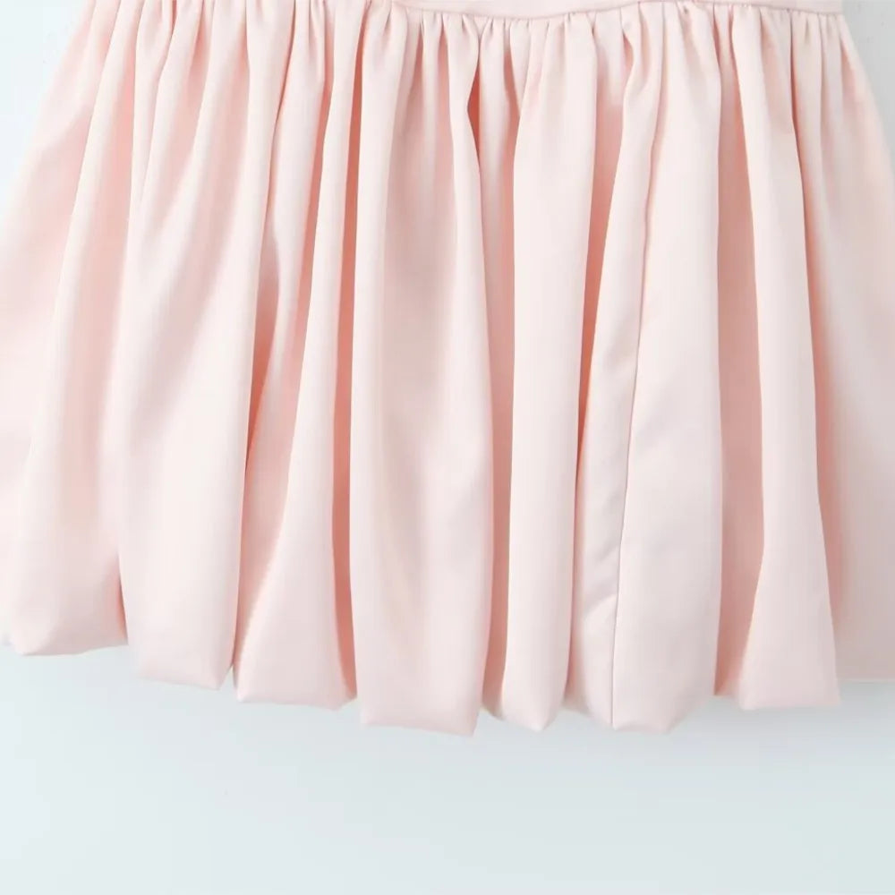 Cyflymder  Women Sexy Pink Bow Ruched Chest Corset Style Satin Sling Dress Low Back Slim Waist Spliced Pleated Swing A line Mini Party Robe