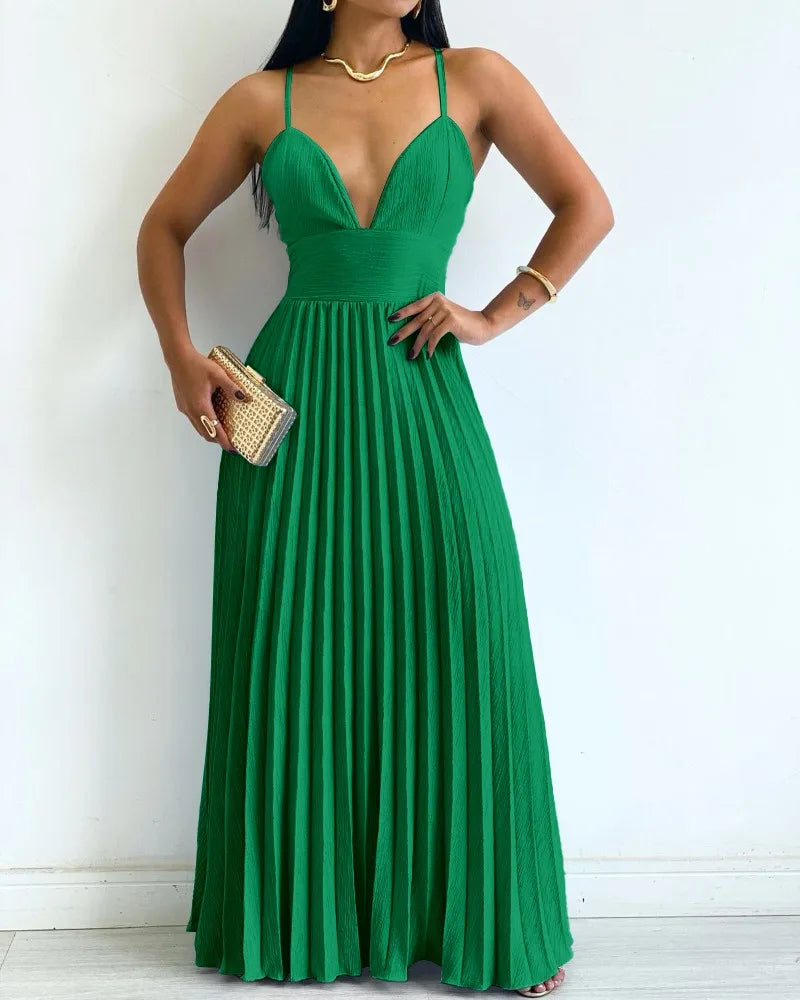 Cyflymder  Elegant A-line Evening Dress Women Sexy V-Neck Sleeveless Pleated Dress Causal Flowy A Line Maxi Dress