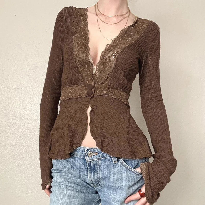 Cyflymder Fairycore Lace Patchwork Deep V-neck Top Brown Sexy Button-up Cardigan Chic Elegant Flared Long Sleeve T-shirts Y2K