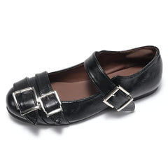 Cyflymder   Women's Black Mary Jane Flats with Triple Buckle Straps Cute Preppy Style Leather Shoes for Girls Comfortable Round Toe Loafers