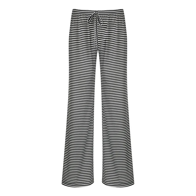 Cyflymder  Women's Striped Wide Leg Trousers Low Waist Drawstring Detail Loose Fit Y2K Casual Pants for Summer Beach and Daily Outfits