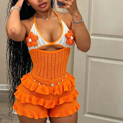 Cyflymder  Doyerl Crochet Knitted Romper Woman Jumpsuit Shorts Beach Style Holiday Halter V-neck Floral Hollow Out Ruffles Summer Playsuit