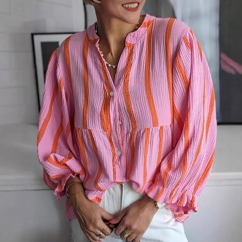 Cyflymder  Streetwear Fashion Striped Print Women Blouses 2025 Spring V Neck Button Top Pullover Autumn Puff Long Sleeve Loose Shirt Blusas