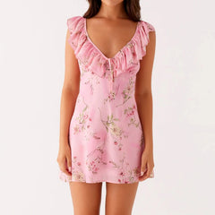 Cyflymder  Women Backless Mini Dress Sexy Sleeveless Ruffle Shoulder Short Dress Floral Print Low Cut Tie Back A-line Dress