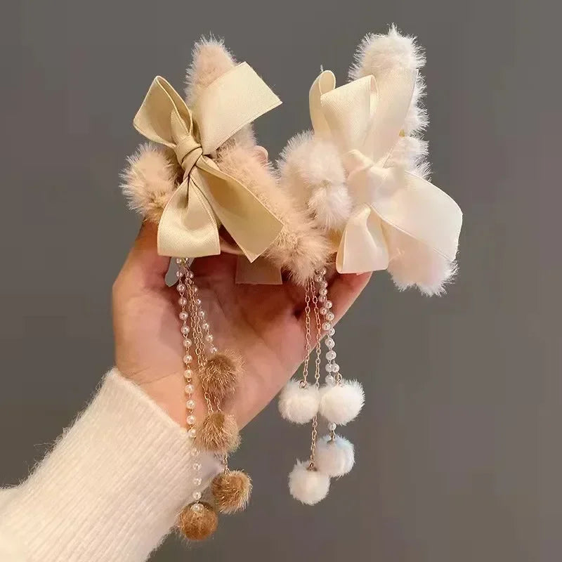 Cyflymder cute winter outfits New Fashion Bow Tassel Pendant Hair Clips Korea Ponytail Plush Shark Claw Girls Fall and Winter Gift Hair Accessories