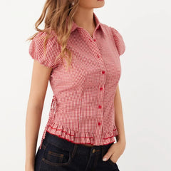 Cyflymder  Cute Y2k Red Plaid T-shirt Blouse Woman Side Tie up Lapel Collar Short Cap Sleeve Slim Shirts Sweet Preppy Style Crop Tops