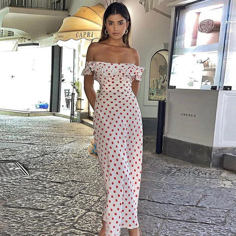 Cyflymder  Slash Neck Polka Dot Printed Dress Women Color Blocking Design Elegant Fashion Casual Robe Versatile Off Shoulder Flounce Dress