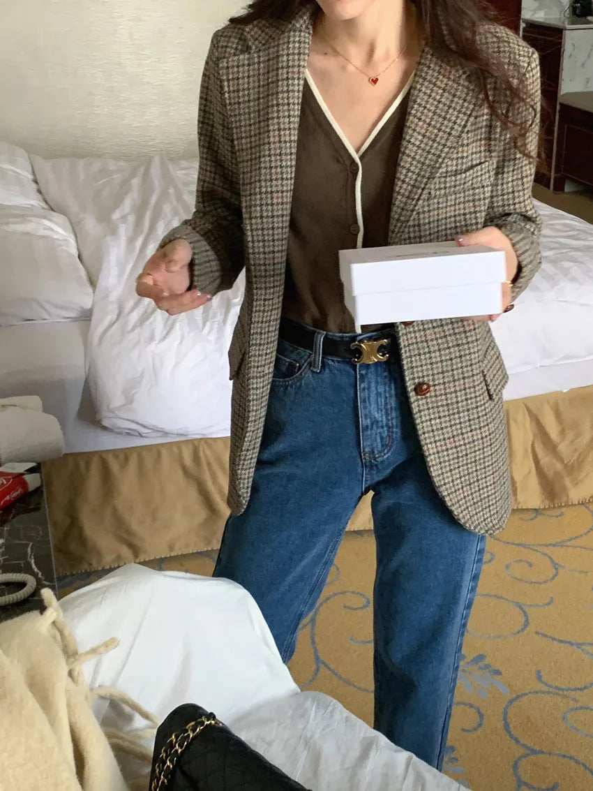 Cyflymder  Retro Briti Sle Plaid Woolen Coat Women's Chic Lapel Single Button Suit Jaet Trendy Mid-Length Long Sve Busin Wear
