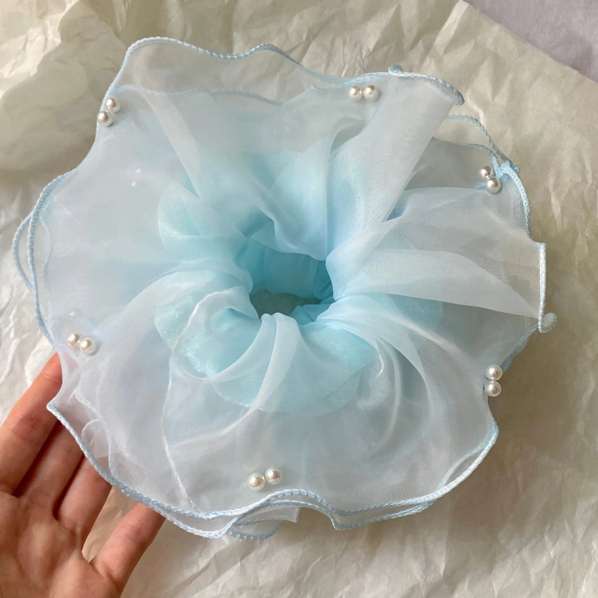 Cyflymder  1PC Elegant Tulle Organza Hair Scrunchie With Faux Pearls For Women Girls Large Ruffle Elastic Hair Tie Fashion Hair Accessories