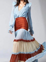 Cyflymder  Women Elegant Ruffle V Neck Lantern Sleeve Patchwork Tiered A Line Long Dress Autumn Casual Party Wear Flowy Boho Style