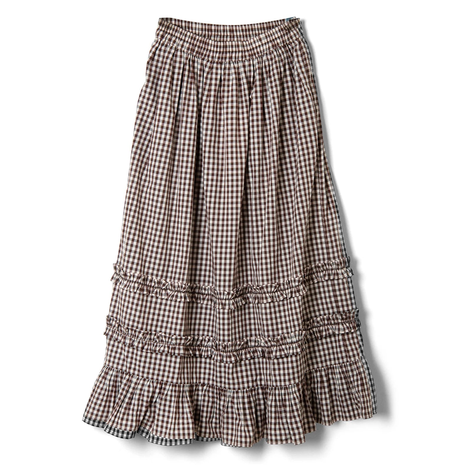 Cyflymder  Women's Plaid Print Frill Trim Ruffled Long Skirt Autumn Casual Elastic High Waist Loose Fit A-Line Skirt for Streetwear