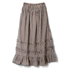 Cyflymder  Women's Plaid Print Frill Trim Ruffled Long Skirt Autumn Casual Elastic High Waist Loose Fit A-Line Skirt for Streetwear