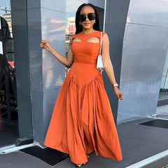 Cyflymder  Summer New Elegant Round Neck Hollow Out Slimming Dress For Women Clothing Cross-border Sleeveless Medium-length Dress