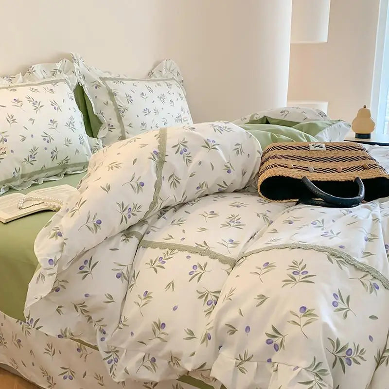 Cyflymder  100% Cotton Spring Garden Flowers Botanical Chic Ruffles Soft Comfortable Double Queen (1Duvet Cover+1Bed Sheet+2Pillowcases)
