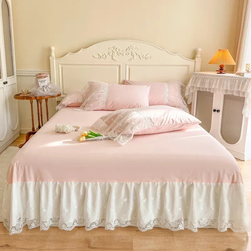 Cyflymder 100% Cotton Romantic French Princess Wedding Bedding Set Lace Ruffles Duvet Cover Lace Bed Sheet Bed Skirt Bedspread Pillowcases