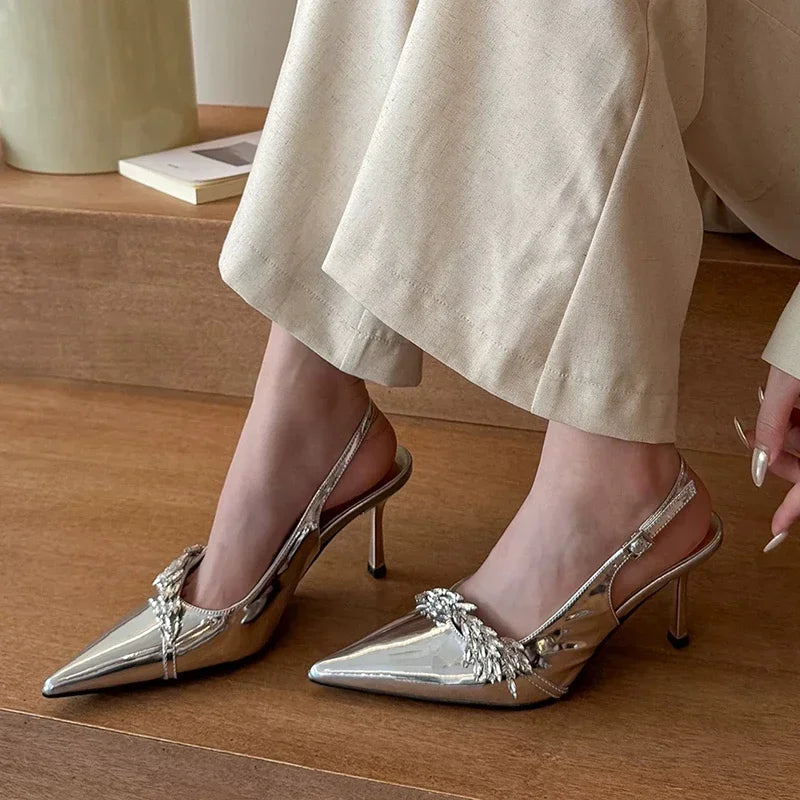 Cyflymder  Summer Fashion Crystal High Heels Pumps Women Pointed Toe Thin Heel Party Shoes Woman Patent Leather Buckle Strap Sandals