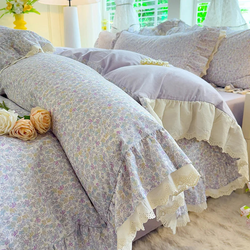 Cyflymder  Korean Princess Style Small Florals Lace Ruffles 600TC Cotton Brushed 4Pcs Bedding Set Duvet Cover Flat/Fitted Sheet Pillowcases