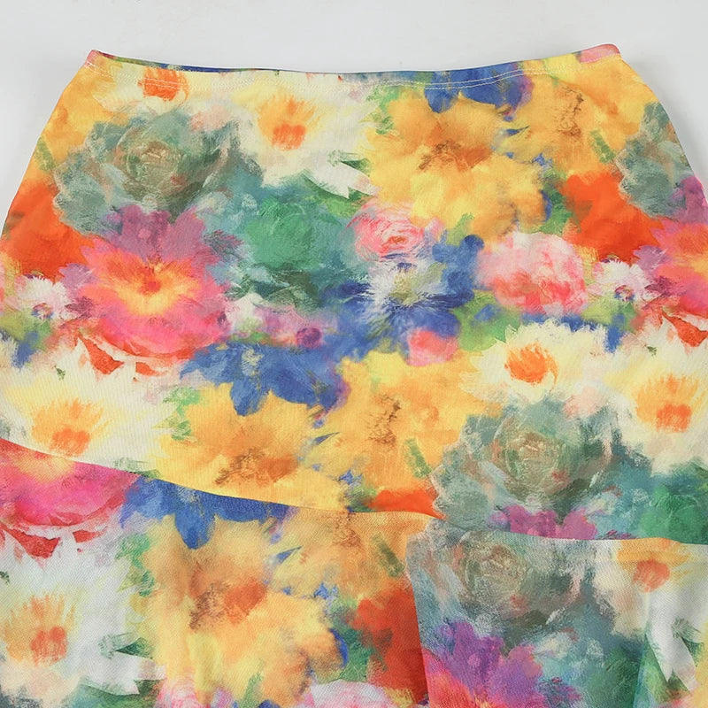Cyflymder  Holiday Slim Floral Printed Mesh Skirts Beach Style  Low-Waisted Maxi Skirts Women 2025 Summer Fashion Streetwear Lady