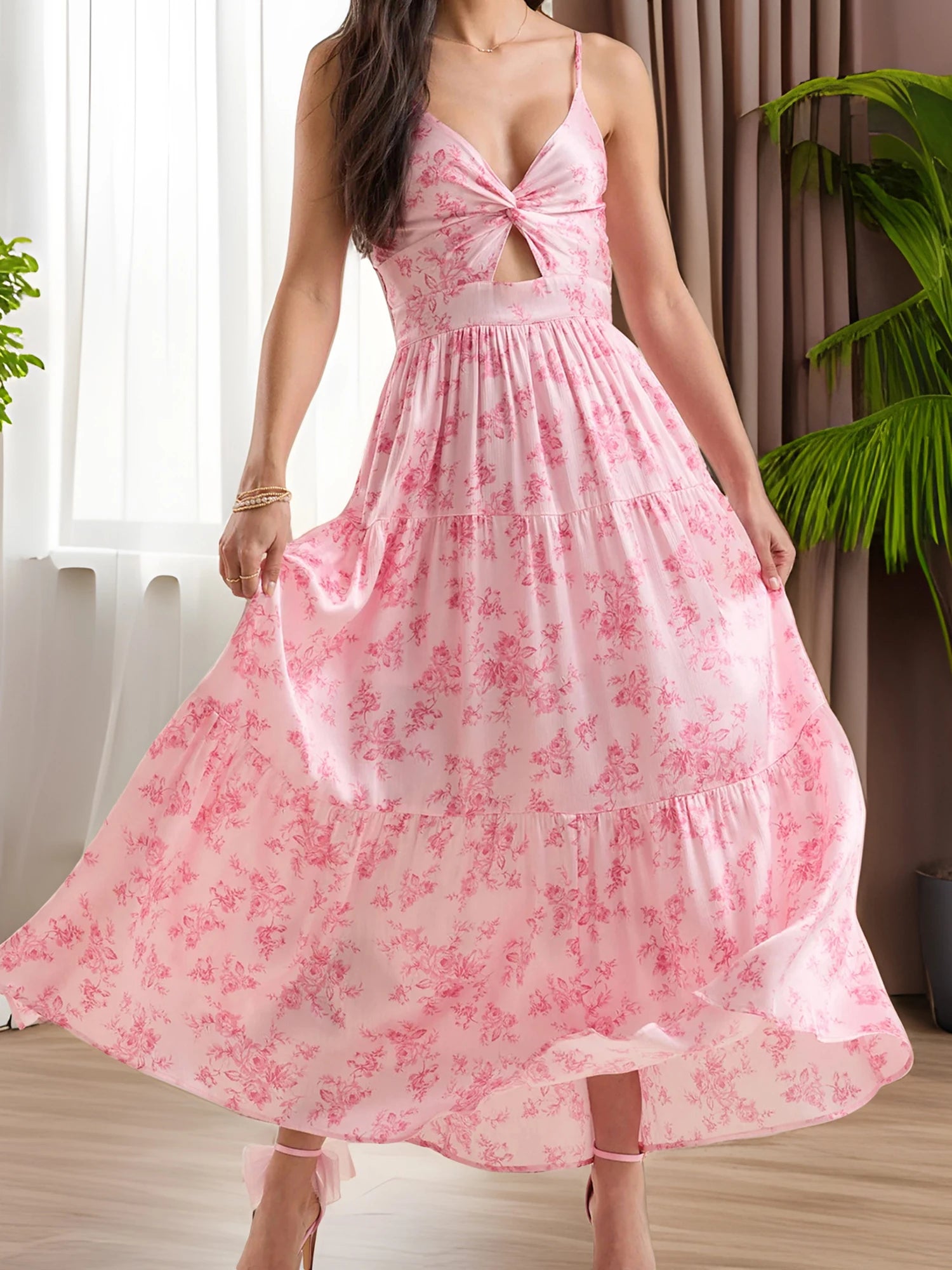 Cyflymder  Elegant Lace Sleeveless V-neck Maxi Dress with Floral Print Perfect for Summer Cocktail Parties and Events