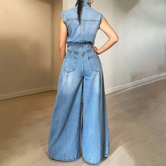 Cyflymder  Women Denim Straight Jumpsuit Single-Breasted Lapel Sleeveless Washed Vintage Chic Female High Street Jeans Jumpsuit