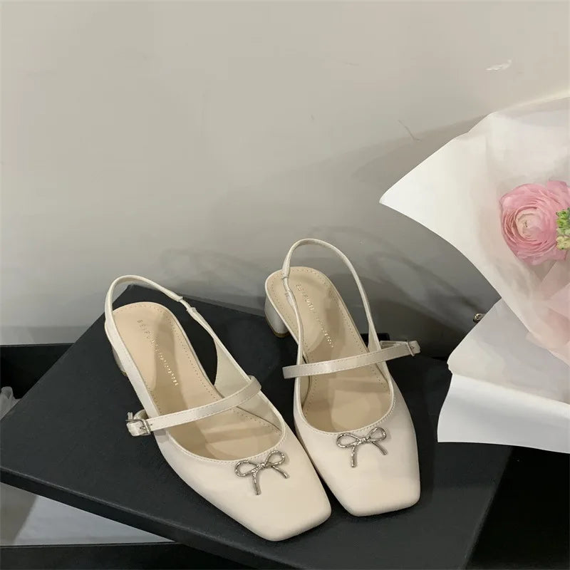 Cyflymder  Sandals Straps Comfort Shoes for Women Square Toe All-Match Shallow Mouth Suit Female Beige 2025 Summer Mary Jane Lace Up Bow Po