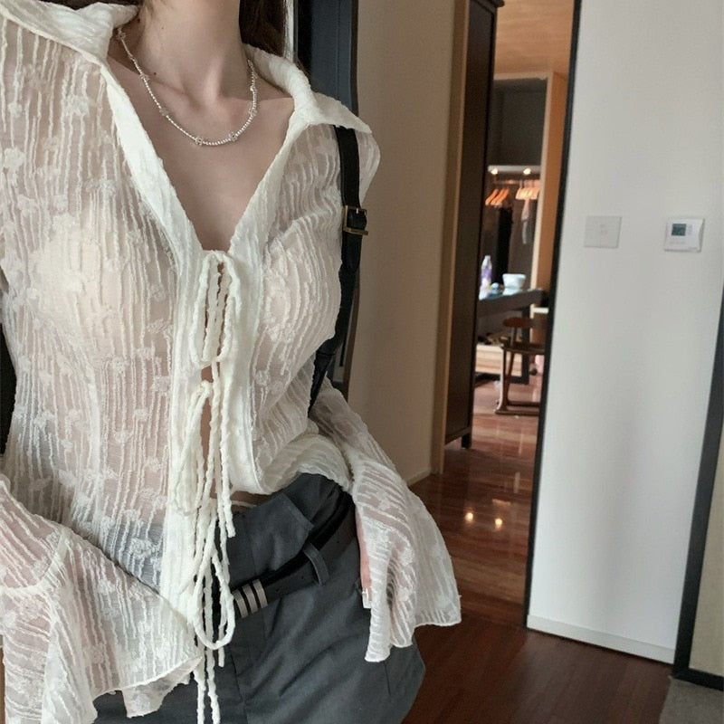 Cyflymder Sexy Transparent Blouse Women Lace Korean Fashion Harajuku Long Sleeve See Through Black Goth Slim Shirts Y2k Aesthetic