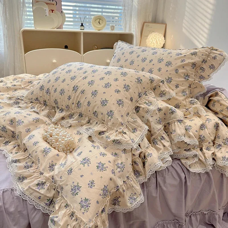 Cyflymder  100% Cotton Vintage Countryside Rose Floral Lace Ruffles Duvet Cover Set Bed Skirt Or Bed Sheet Pillowcases Girls Bedding Set