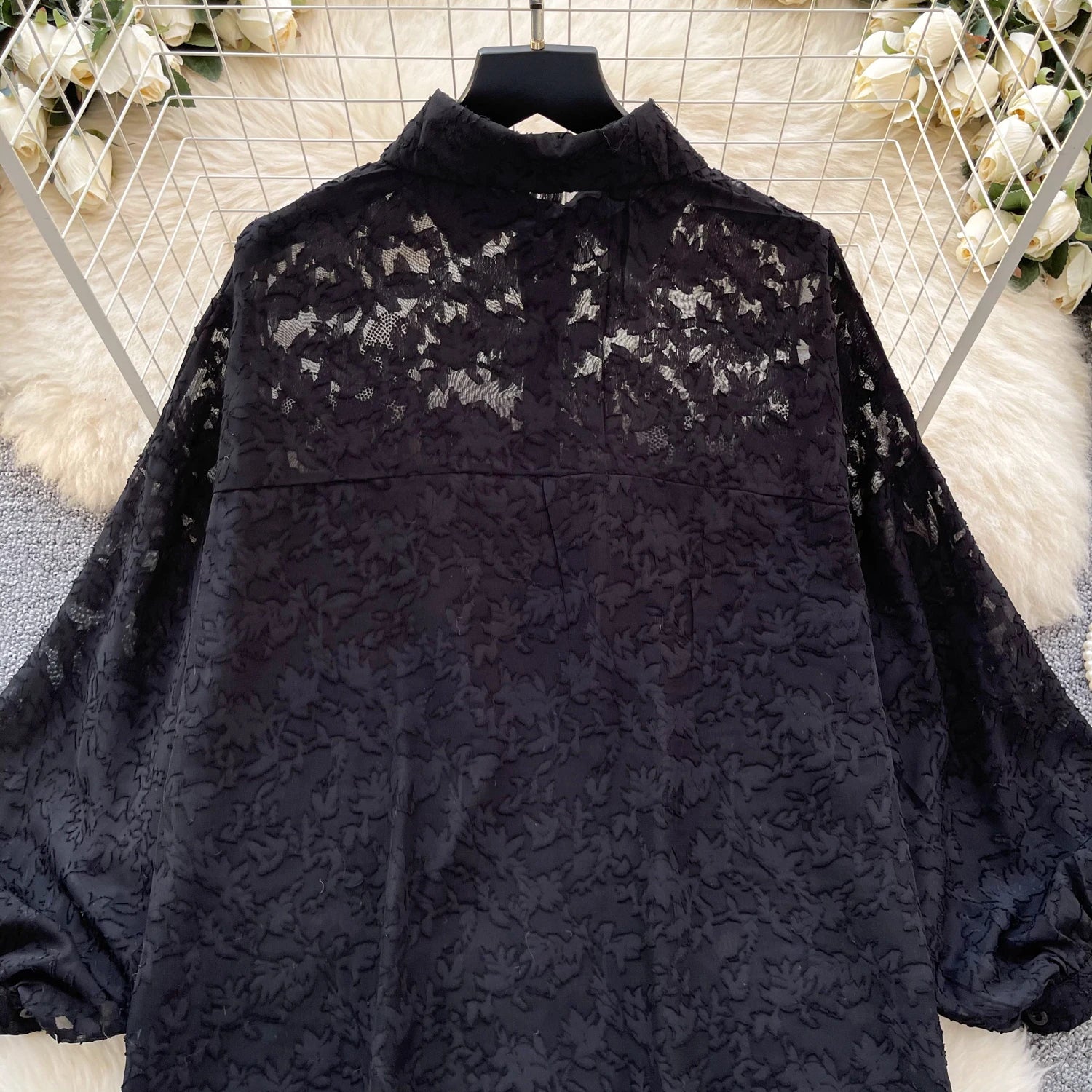 Cyflymder  Ele Vintage Bubble Sve irt Women's Loose Embroidered Me Top Spring Faionable Commute Sle Korean Version