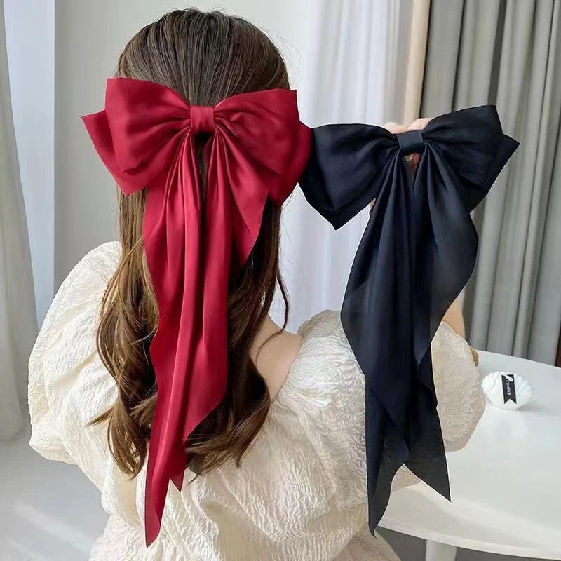 Cyflymder Christmas Elegant Red Streamer Large Bow Ribbon Hair Clip For Women Fashion Simple Solid Satin Ponytail Bow Hairpin Girls Hair Accessories