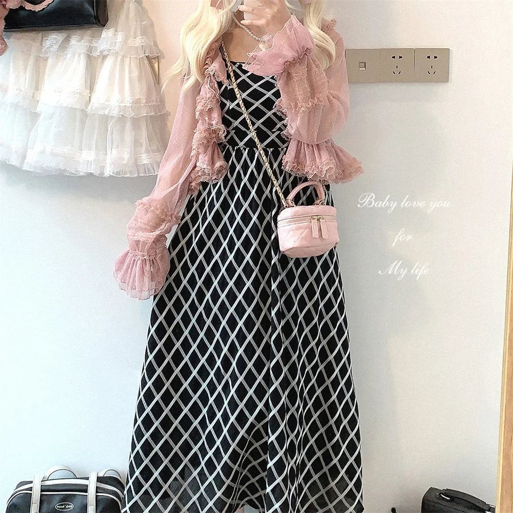 Cyflymder  See Through Long Sleeve Japanese Shrugs Autumn Mesh Ruffle Sweet Cropped Jacket Thin Air Conditioning Shirt Short Sun Protection