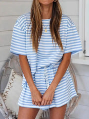 Cyflymder  Women Elegant Stripe Print Loose Vacation Outfit Fashion Street Drawstring Suit Casual O Neck Short Sleeve Pullover & Short Set