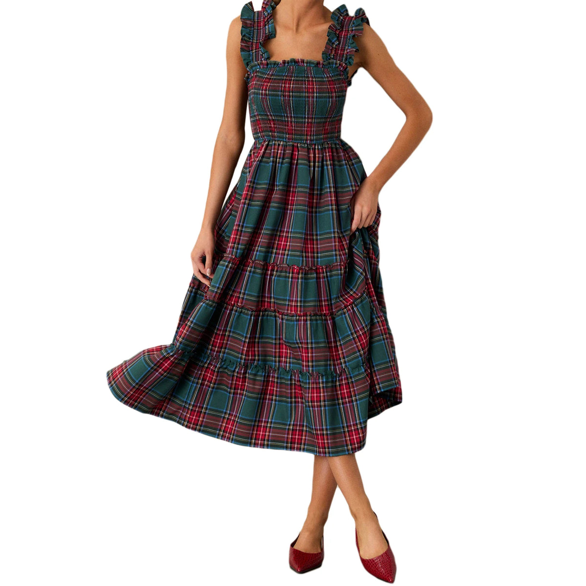 Cyflymder  Women Sleeveless Dress Summer Patchwork Casual Plaid Print Ruffled A-Line Party Dress for Beach Club Streetwear