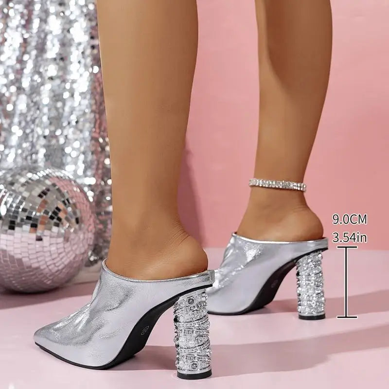 Cyflymder  Brand Design Close Toe Gold Mules Slippers Women 2025 Summer Sexy Pointed Toe High Heel Sandals Fashion Silver Party Dress Shoes