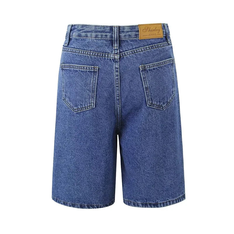 Cyflymder  High Waist Straight Leg Blue Waed Denim orts High Quali Wide Leg Five orts American Retro Deep Blue Jeans orts
