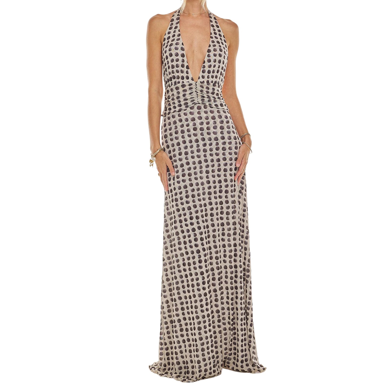 Cyflymder  Elegant Floral Print Maxi Dress Sleeveless Halter Neckline with Open Back Women s Summer Party Gown in Polka Dot Pattern
