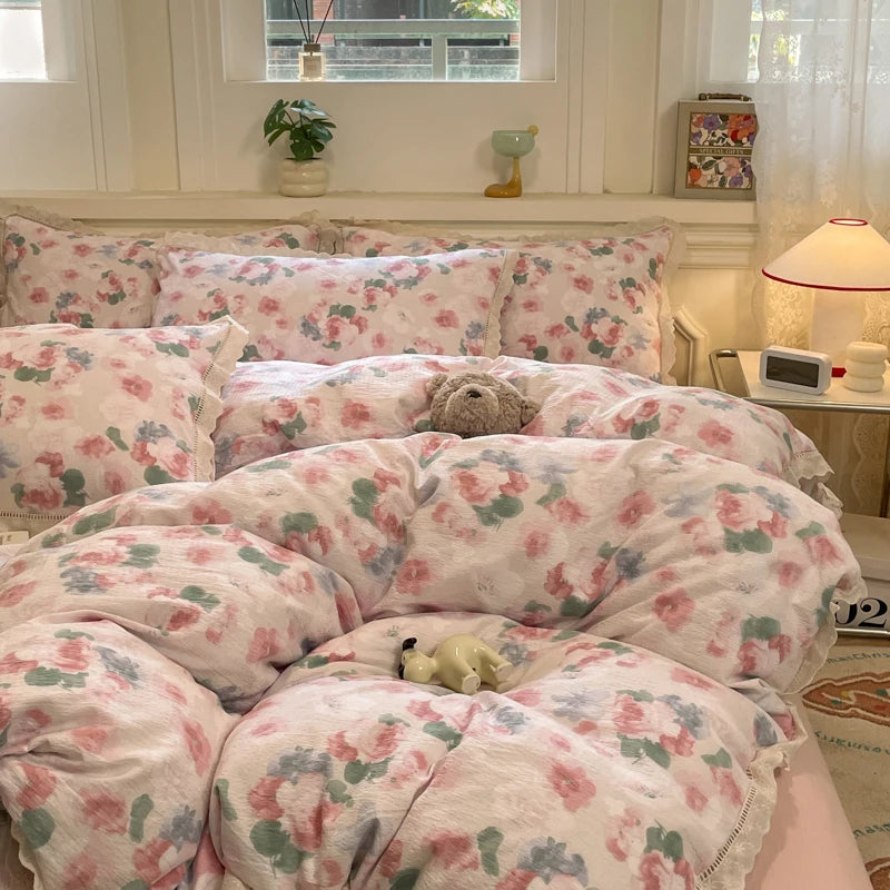 Cyflymder  INS Korean Style 2025 New Yungan Cotton Wrinkled Double-layer Yarn Lace Bedding Sets